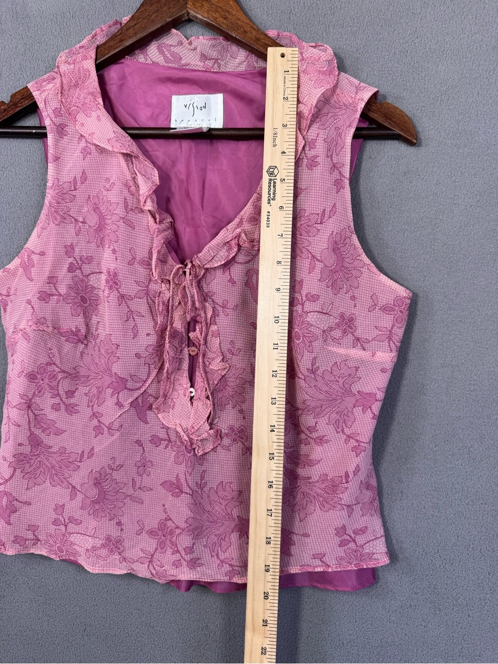 Vintage Y2K  ✨ Fairy 🧚 Sleeveless Pink Floral Ruffle Tie V Neck Silk Top, M - Picture 13 of 14